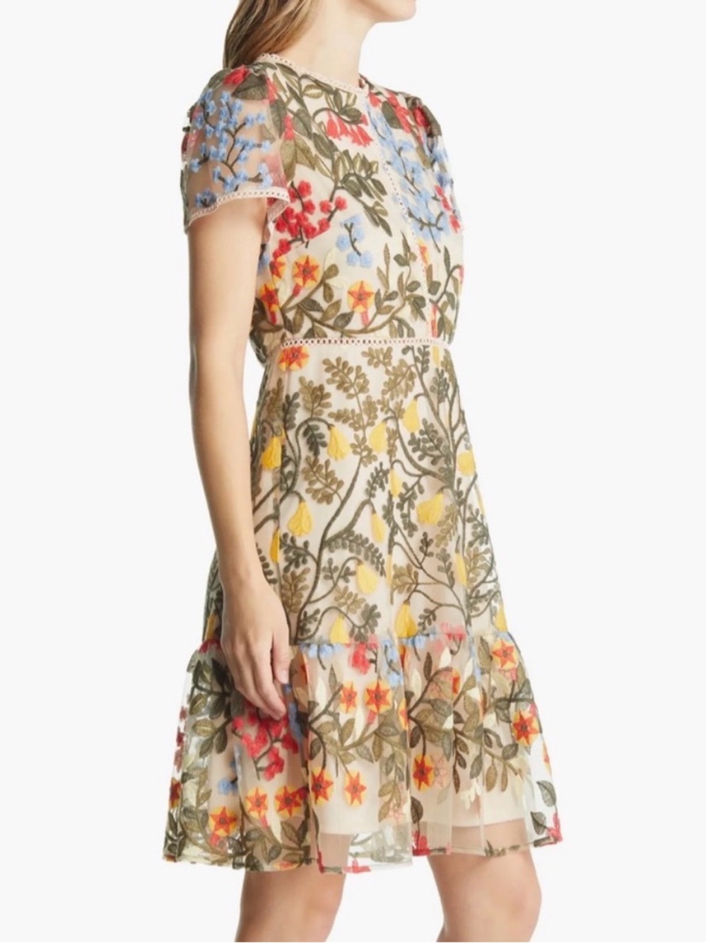 Tahari Ivory Midi Dress with Red, Yellow & Blue Floral Embroidery